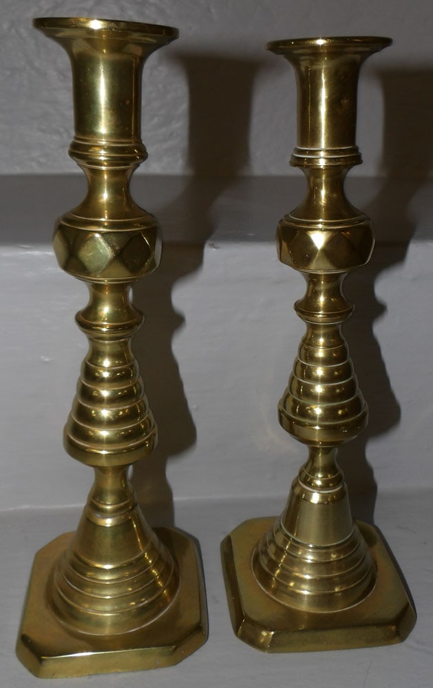Pair of Antique Brass Beehive Push Up Candlesticks (1 of 4)