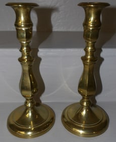 Pair of Antique Brass Round Base Candlesticks