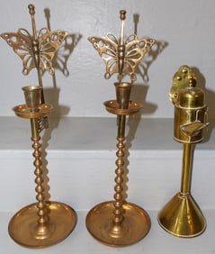 Pair of Brass Candlesticks with Butterfly Motif & Brass Grease Lamp