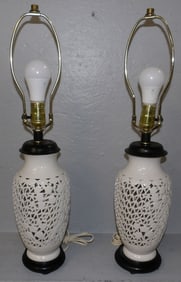Pair of Open Work Blanc De Chine Porcelain Lamps