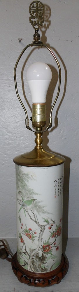 Oriental Painted Porcelain Brush Vase Made Into Lamp Signed with Character Marks (1 of 6)