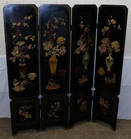 oriental black lacquered and carved soapstone four panel oriental screen