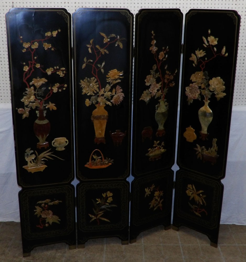 oriental black lacquered and carved soapstone four panel oriental screen (1 of 14)