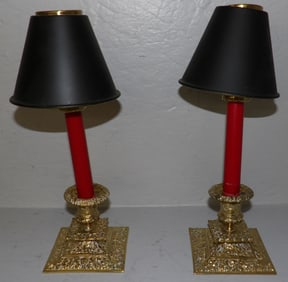 pair of antique brass candlesticks with tole shades
