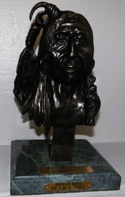bronze native American bust on square marble base by C. M. Russell