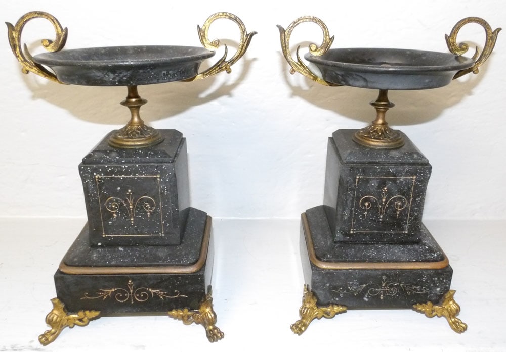 Pair of Marble & Gilded Metal Tazzas: Pair of Marble & Gilded Metal Tazzas. 10" H 7 3/4" W 4 1/2" D ALL DESCRIPTIONS AND ANY CONDITION STATEMENT GIVEN BY LANGSTON AUCTION GALLERY ARE STRICTLY OPINIONS AND LANGSTON'S SHALL HAVE NO RESPONSI
