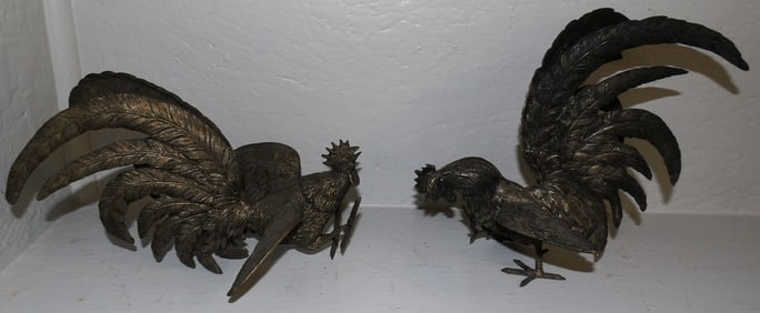 Pair of Gilded Metal Fighting Cocks