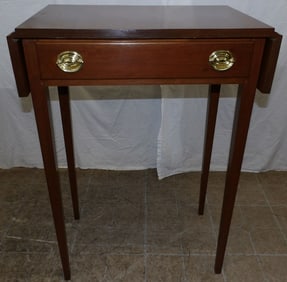 Mahogany Pegged Drop Leaf One Drawer Work Stand Labeled Cardinal Furniture Shop