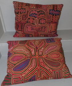 Two Handmade Mola Textile Pillows