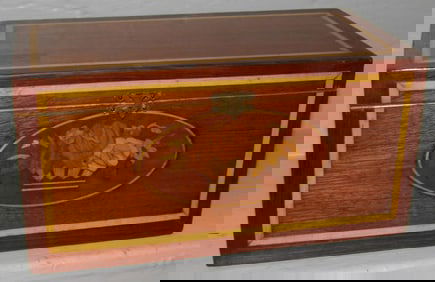 Antique Rosewood Mahogany & Satin Floral Inlaid Lift Top Box with Bird's Eye Maple Panel Interior