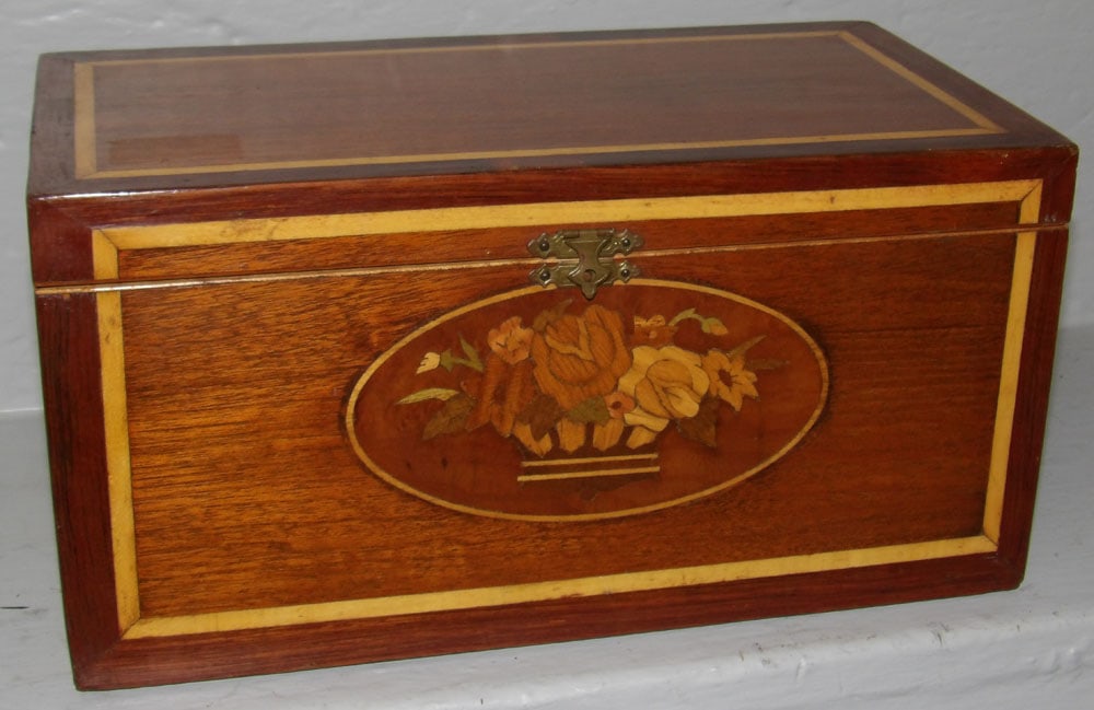 Antique Rosewood Mahogany & Satin Floral Inlaid Lift Top Box with Bird's Eye Maple Panel Interior (1 of 5)