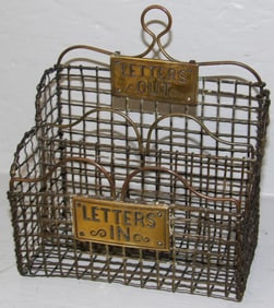 Antique English Victorian Wire Mesh Letter Holder with Brass Labels