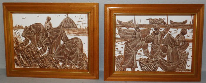 Pair of Oriental Paintings on Canvas of Women at Market Artist Signed