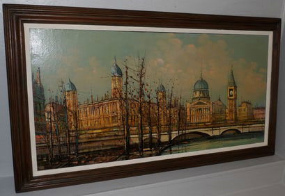 Large European Mid Century Oil on Canvas of the London Skyline Artist Signed