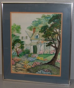 Framed Watercolor of a Cottage Home Floral Landscape in Spring