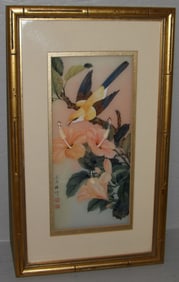 Framed Chinese Floral & Bird Painting on Silk by Hung Chu Lee in Faux Bamboo Frame