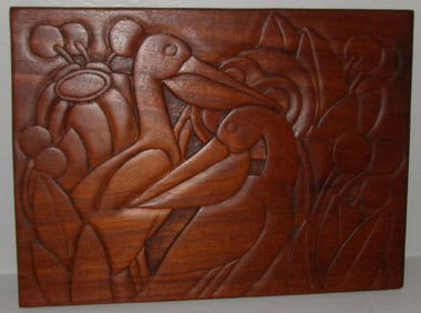 Large Mid Century Carved Mahogany or Teak Wall Plaque with Stork & Floral Motif