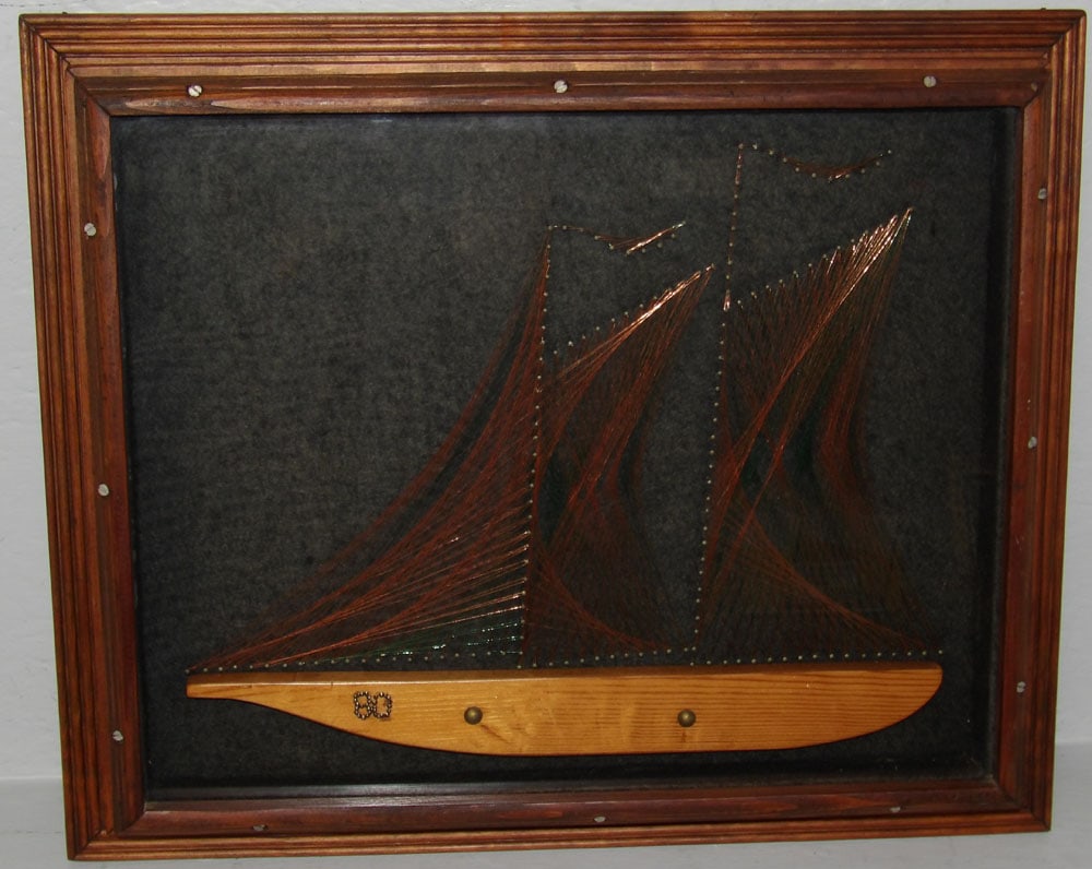 Mid Century Modern Copper String Art of Schooner in Pine Shadowbox Enclosed Frame (1 of 5)