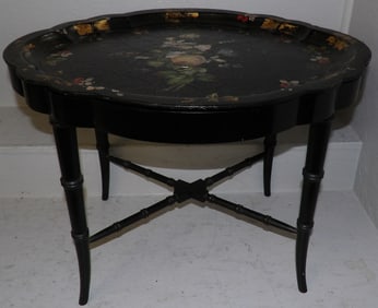 Black Lacquered & Mother of Pearl Inlaid Paper Mache Top Tea Table