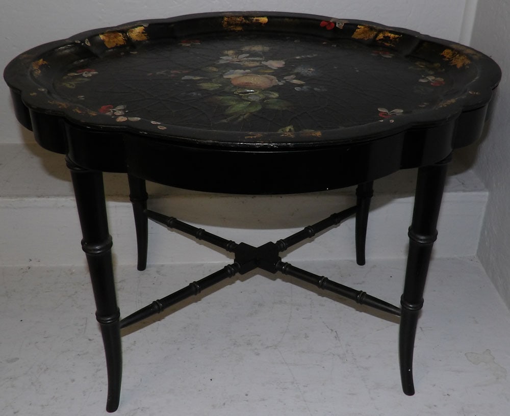 Black Lacquered & Mother of Pearl Inlaid Paper Mache Top Tea Table (1 of 4)
