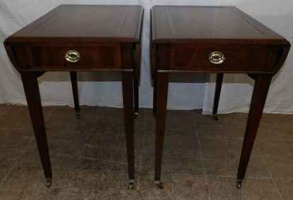 Pair of Mahogany Tooled Leather Top One Drawer Drop Leaf Tables