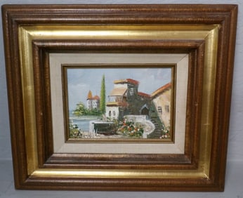 Framed Oil on Canvas of a Mediterranean Villa Costal Scene Artist Signed