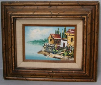 Framed Oil on Canvas of a Mediterranean Villa Costal Scene