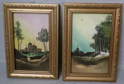 Pair of Small Oil on Boards of Castle Landscapes