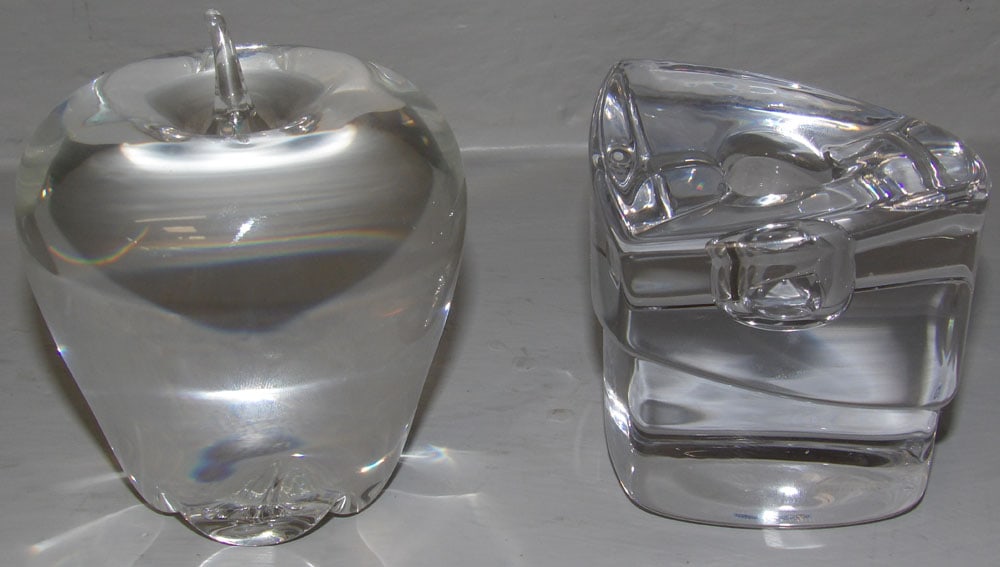 Signed Steuben Apple Paperweight & Orrefors Candlestick Form Paperweight (1 of 5)