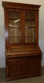 Antique Burl Walnut Victorian Two Piece Slant Front Secretary with Tooled Leather Interior