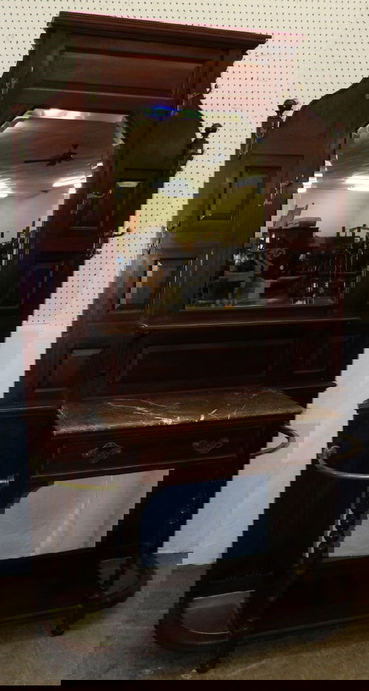 Antique Mahogany Brass & Bevel Edge Hall Tree with Marble Top (1 of 7)