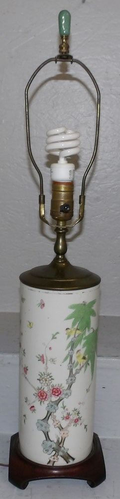 Antique Chinese Hand Painted Porcelain Brush Vase Made Into Lamp with Bird Motif (1 of 3)