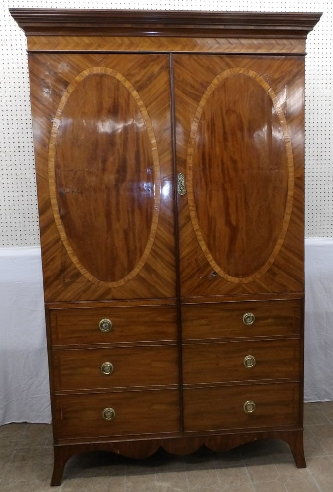 19th Century Mahogany & Rosewood Inlaid Wardrobe: 19th Century Mahogany & Rosewood Inlaid Wardrobe . 85 3/4" H 53" W 24 1/4" D ALL DESCRIPTIONS AND ANY CONDITION STATEMENT GIVEN BY LANGSTON AUCTION GALLERY ARE STRICTLY OPINIONS AND LANGSTON'S SHALL H