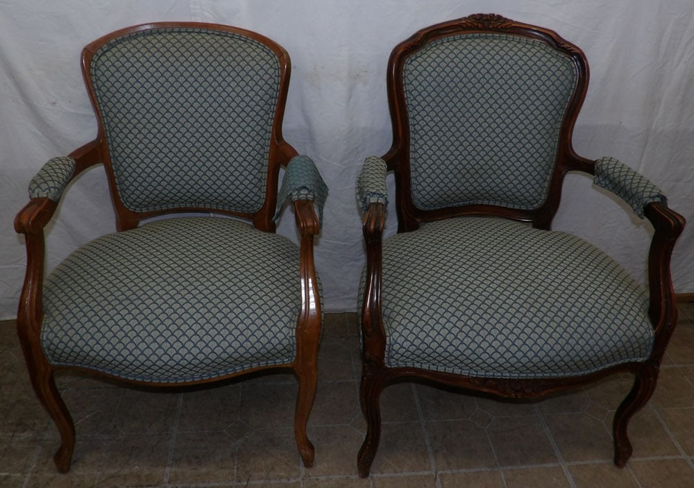 Two French Walnut Fauteuils: Two French Walnut Fauteuils . Up to 35 3/4" H 25 1/2" W 24" D ALL DESCRIPTIONS AND ANY CONDITION STATEMENT GIVEN BY LANGSTON AUCTION GALLERY ARE STRICTLY OPINIONS AND LANGSTON'S SHALL HAVE NO RESPONSI