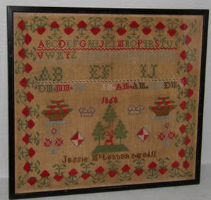 19th Century Framed Needlework Sampler Dated 1868