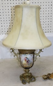 Hand Painted Porcelain & Bronze Urn Made Into Lamp