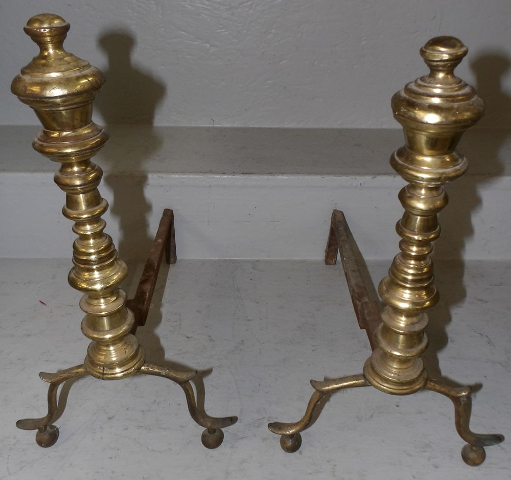 Pair of 19th Century Brass Andirons: Pair of 19th Century Brass Andirons . 16 1/2" H 9 1/4" D 16 1/2" H ALL DESCRIPTIONS AND ANY CONDITION STATEMENT GIVEN BY LANGSTON AUCTION GALLERY ARE STRICTLY OPINIONS AND LANGSTON'S SHALL HAVE NO RES