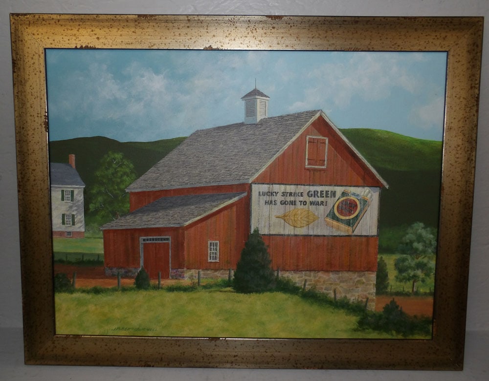 Framed Oil on Board of Lucky Strike Tobacco Advertisement on Barn by James Burnell (1 of 5)
