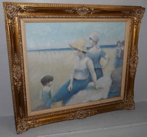 Framed Oil on Canvas Beach Scene Artist Signed