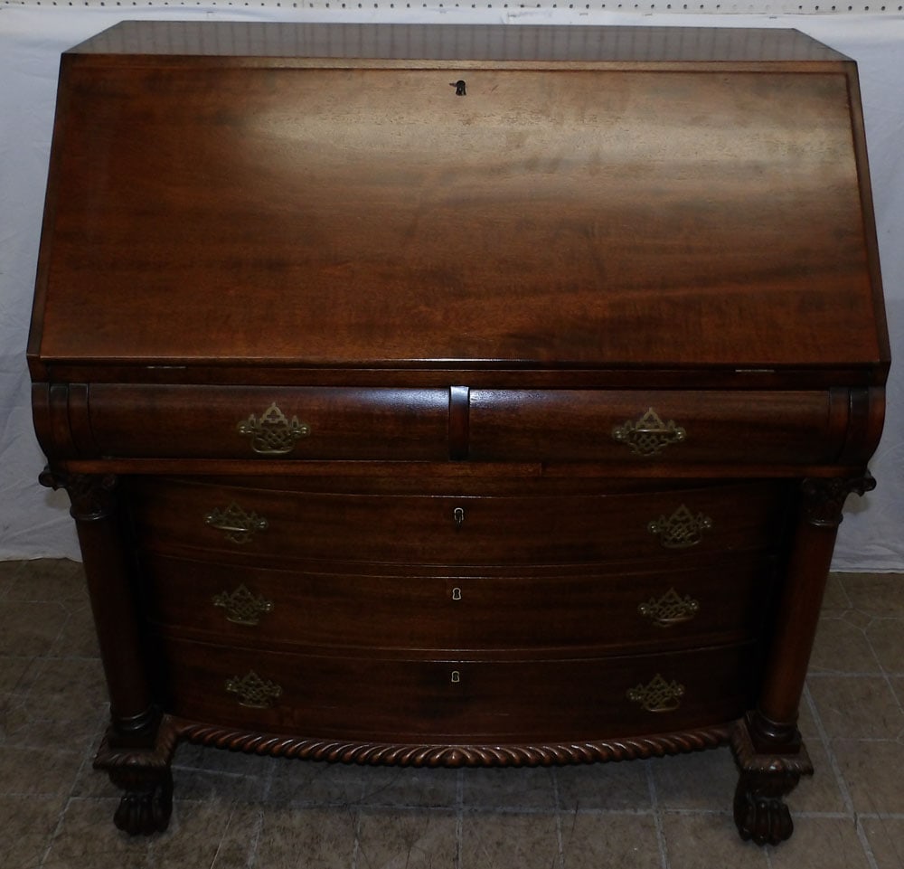 Antique Carved Mahogany Slant Front Desk: Antique Carved Mahogany Slant Front Desk . 42 3/4" H 40 1/2" W 21 3/4" D ALL DESCRIPTIONS AND ANY CONDITION STATEMENT GIVEN BY LANGSTON AUCTION GALLERY ARE STRICTLY OPINIONS AND LANGSTON'S SHALL HAVE 