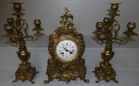 Three Piece Bronze French Clock Set