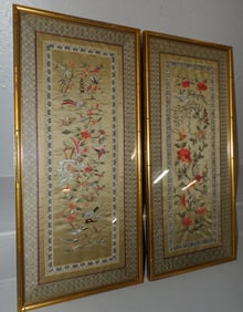 pair of framed oriental silk embroideries with gilded faux bamboo frames