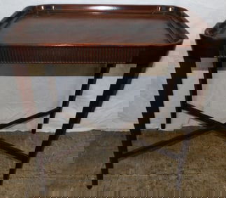 pair of mahogany tray top and stretcher base end tables