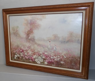 framed oil on canvas of mother and daughter in flower field signed by artist
