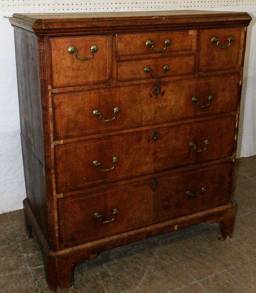 19th century two piece oak and walnut drawer front chest: 19th century two piece oak and walnut drawer front chest. 42 1/2" H 37" W 19" D ALL DESCRIPTIONS AND ANY CONDITION STATEMENT GIVEN BY LANGSTON AUCTION GALLERY ARE STRICTLY OPINIONS AND LANGSTON'S SHAL