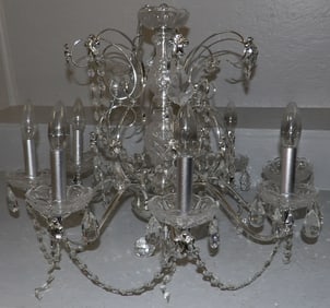 metal and crystal 8 light chandelier with glass prisms
