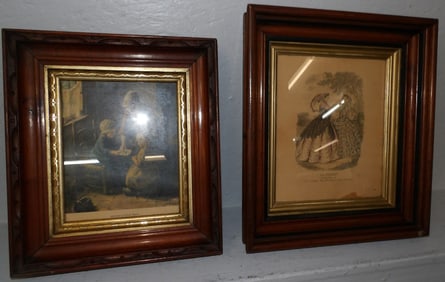 two antique walnut shadow box framed prints