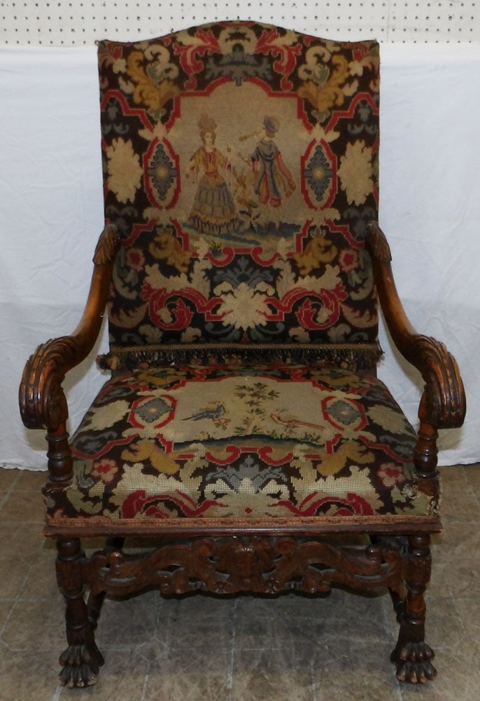 antique carved walnut and needlepoint upholstered library chair (1 of 7)