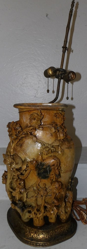 Chinese carved soapstone vase made into lamp (1 of 8)