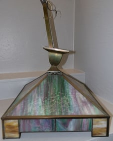 antique slag glass and brass chandelier